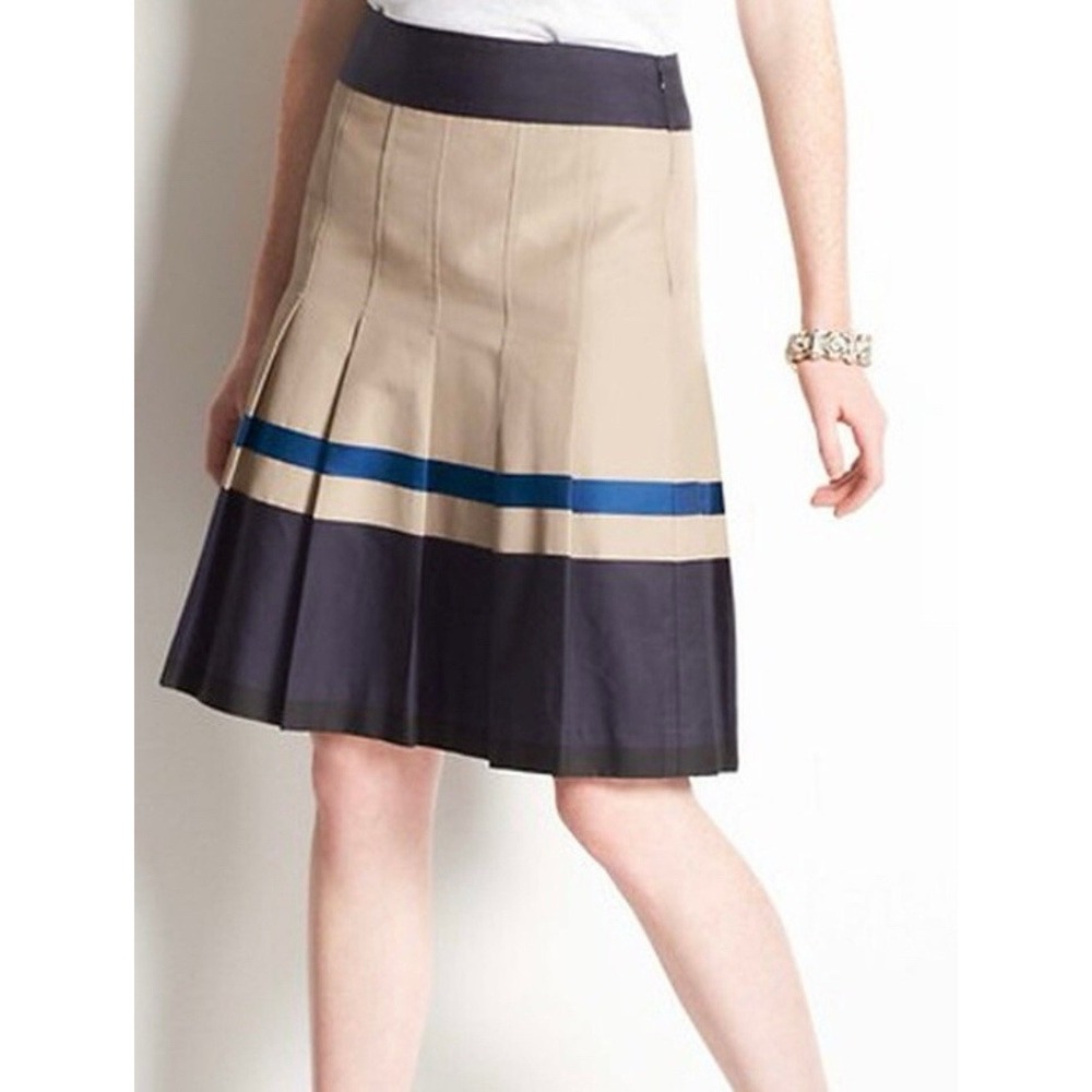 Ann Taylor Colorblock Pleated A-Line Skirt Tan‎ Navy Blue 2
